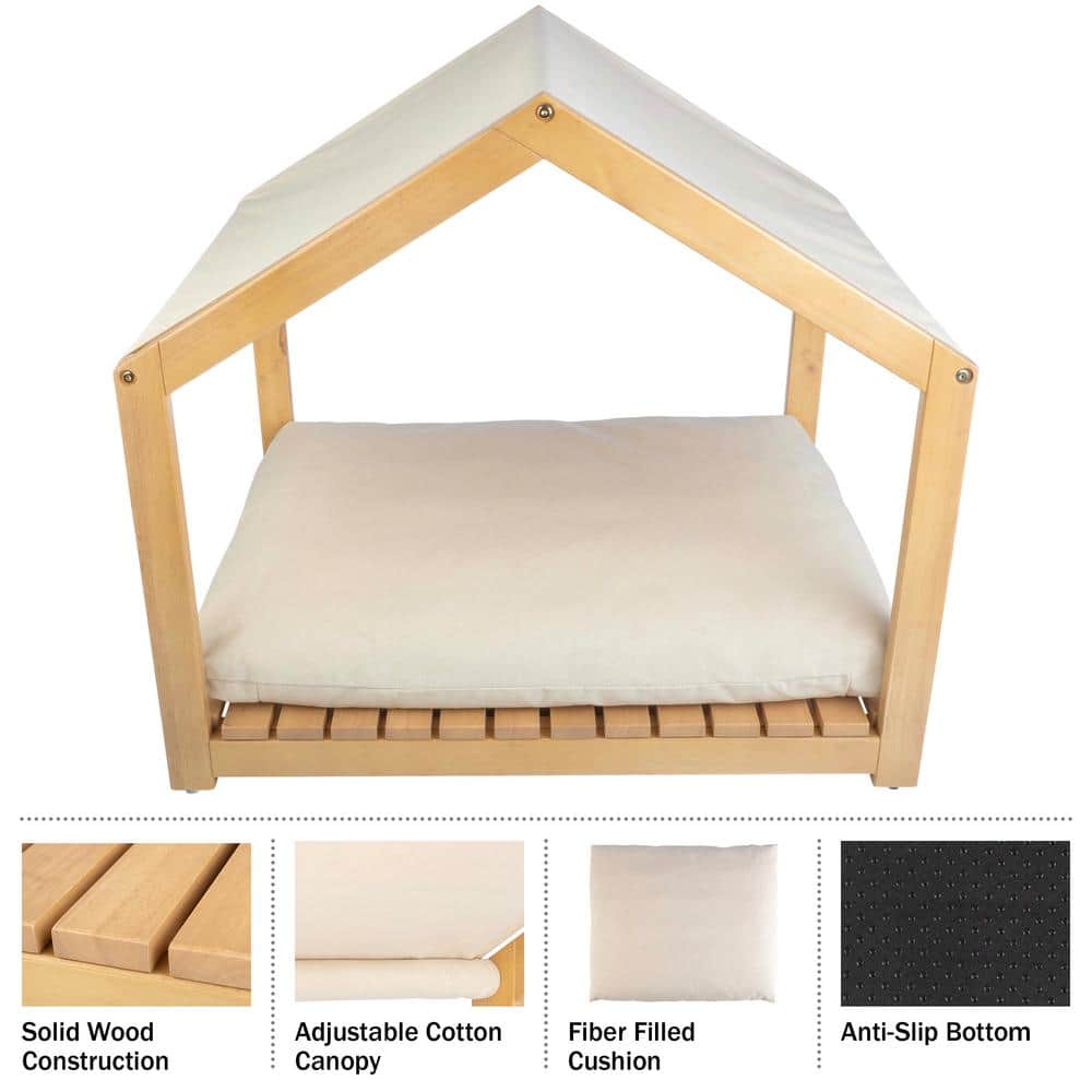 Small Natural Wood Indoor Dog House with Cushion and Canopy