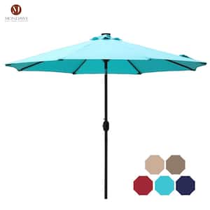9 ft. Aluminum Market Patio Umbrella LED Solar Outdoor Umbrella in Light Blue with Tilt and Crank