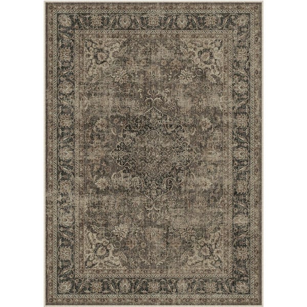 Kerman Brown 8 ft. x 10 ft. Vintage Medallion Distressed Area Rug