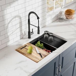 30 in. Undermount Single Bowl 18 Gauge Black Stainless Steel Workstation Kitchen Sink with Black Spring Neck Faucet