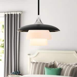 Croner 1-Light Black/Polished Nickel 3 Tiered Shade Metal/Opal Etched Glass Pendant Light for Dining Room Bedroom