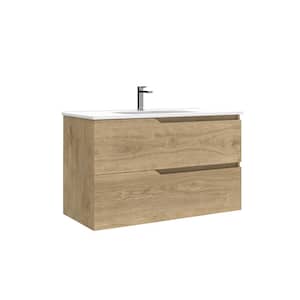 Menta 40 in. W x 18.1 in. D x 23.8 in. H Single Sink Wall Mounted Bath Vanity in Natural Oak with White Ceramic Top