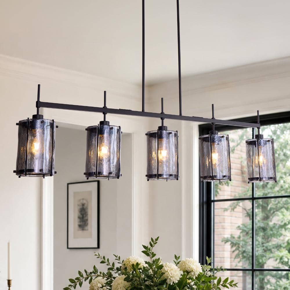 52 in. 5 Light Black Linear Island Chandelier with Textured Smoke Glass Shades, Modern Pendant Light price history on PriceWatchPro