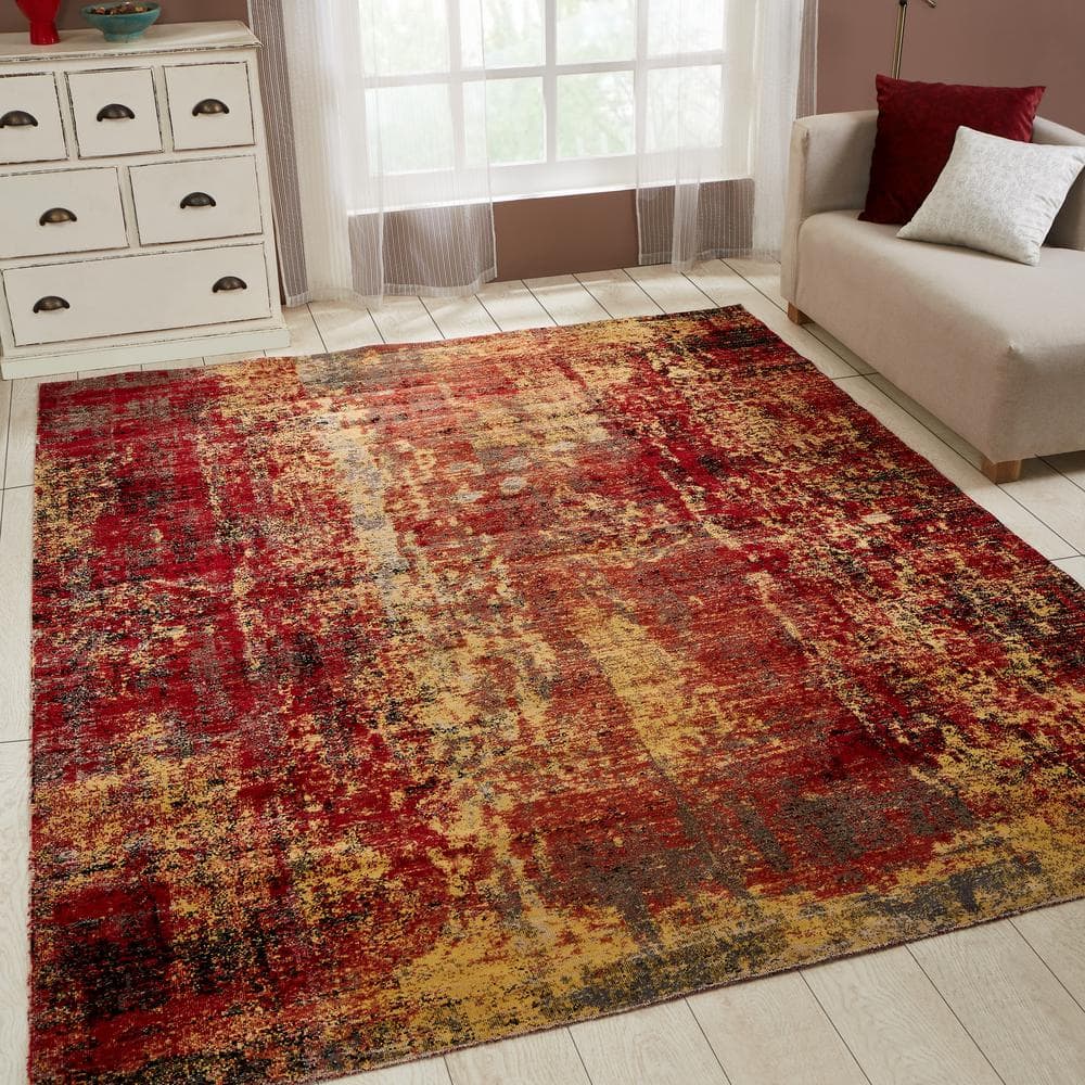 Red and Yellow Abstract Rectangular Viscose Area Rug