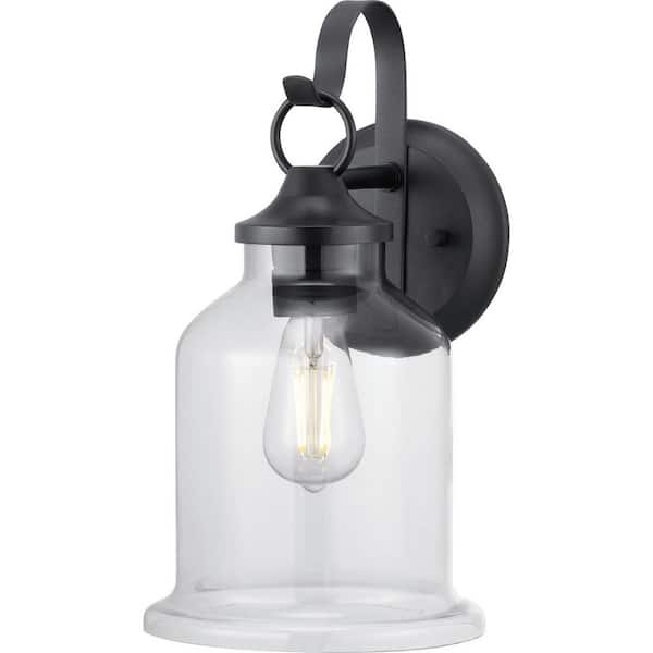 Progress Lighting Lindberry 1-Light 14.5 in. Textured Black Outdoor Wall Lantern with Clear Glass
