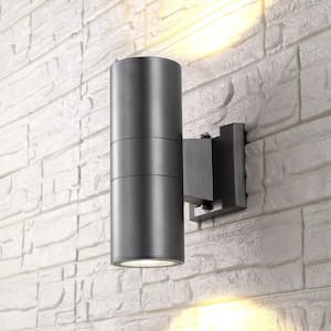 Duo 6 in. 2-Light Silver Modern Midcentury Cylinder Outdoor Metal/Glass Integrated LED Sconce with Uplight