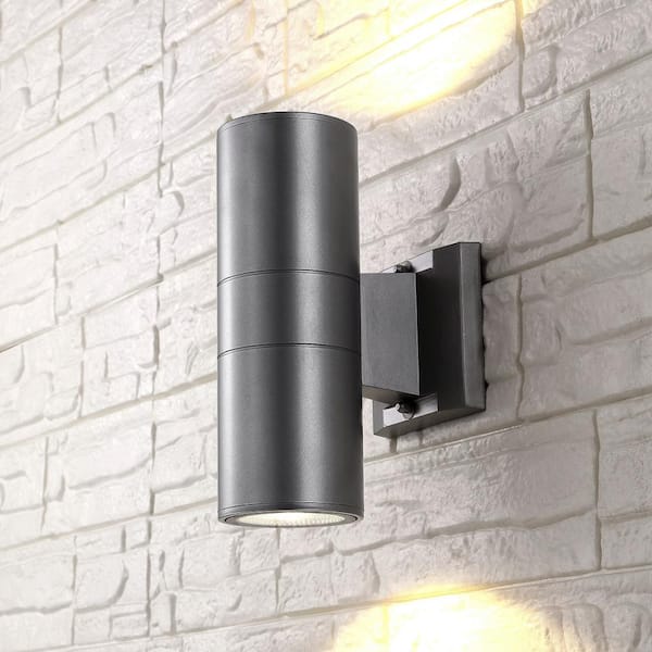 JONATHAN Y Duo 6 in. 2-Light Silver Modern Midcentury Cylinder Outdoor Metal/Glass Integrated LED Sconce with Uplight