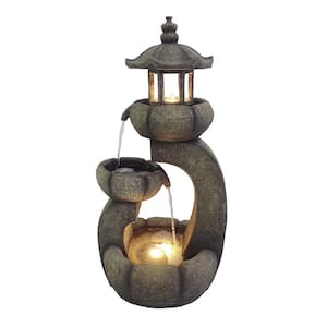 32 in. 2 Layered Pagoda Polystone Tiered Fountain with LED Lights, Gray