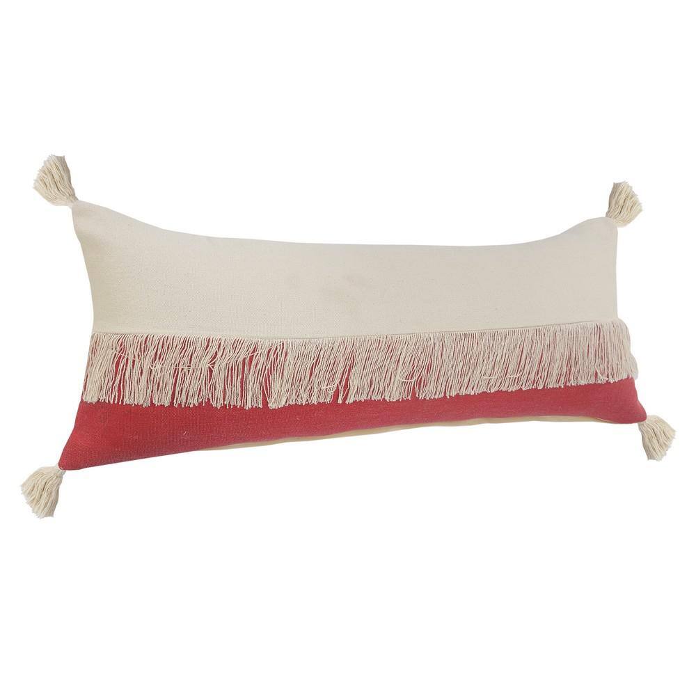 Raspberry Red and Off-White Cotton Lumbar Throw Pillow, 14" x 36"