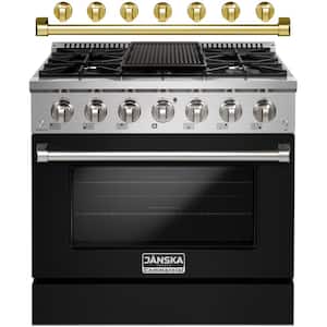 36 in. 5.2 cu. ft. Gas Range with 6-Burners, Convection Oven, Griddle, and 2-Sets of Knobs and Handle in Matte Black