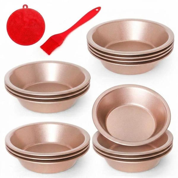 8 Pack Gold Mini Round Carbon Steel Pie Tins Nonstick Tart Pan Set with Silicone Brush and Scrubber