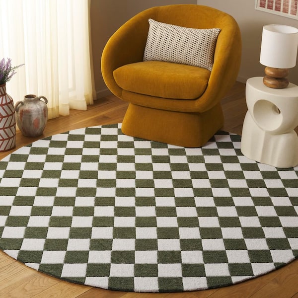 Ebony 6 ft. x 6 ft. Green/Ivory Checkered Geometric Round Area Rug