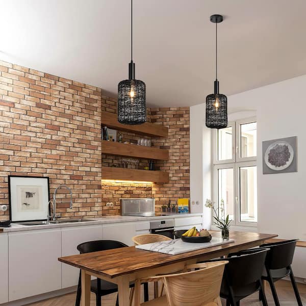 Farmhouse 7 in. 1-Light Matte Black Pendant Light With Metal woven Cage shade