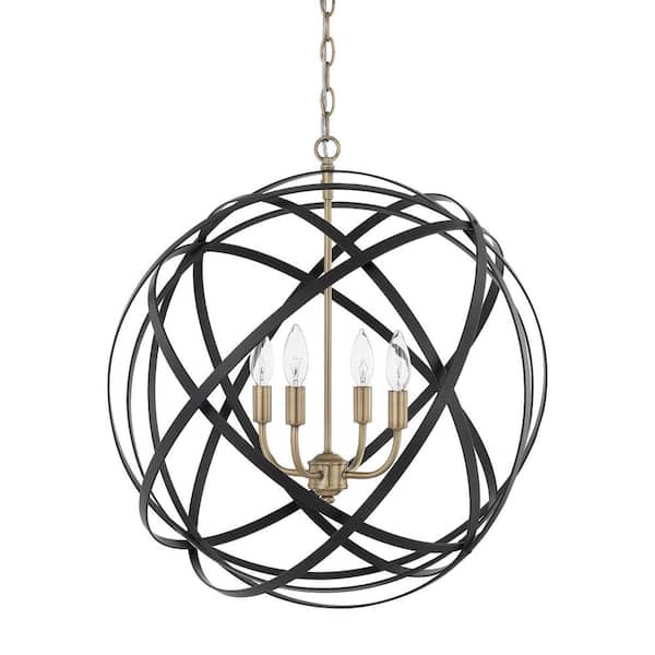 Axis 60-Watt 4-Light Aged Brass and Black Adjustable Orb Pendant Light and No Bulbs Included