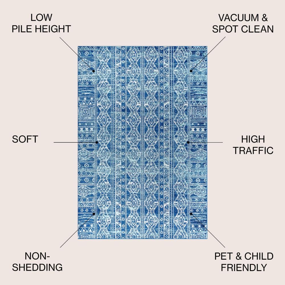 Blue and Gray Synthetic 8' x 10' Moroccan Pattern Area Rug