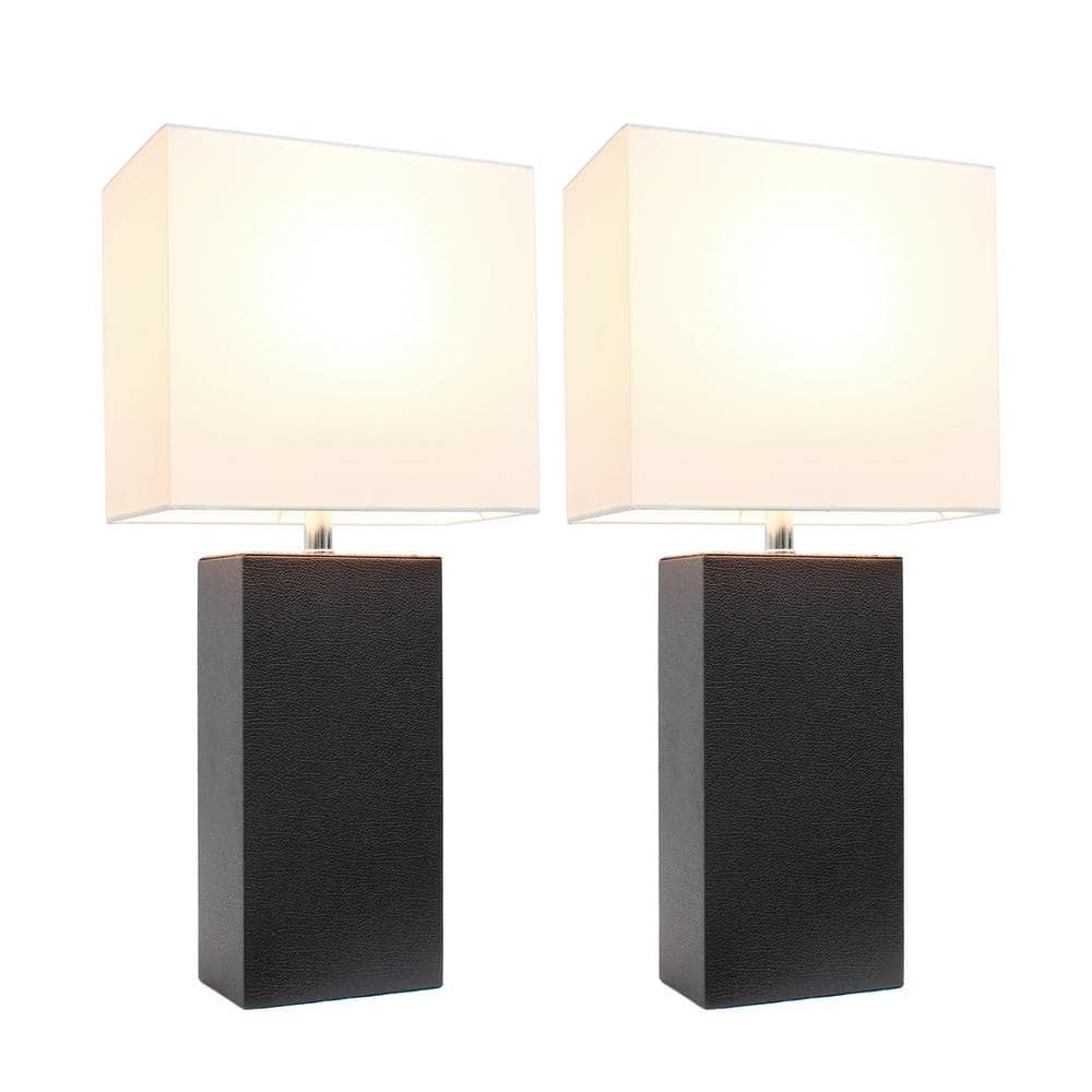 Set of 2 Espresso Brown Leather Table Lamps with White Fabric Shades
