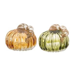 S/2 4.72 in. Green and Amber Crackle Glass Short Pumpkin