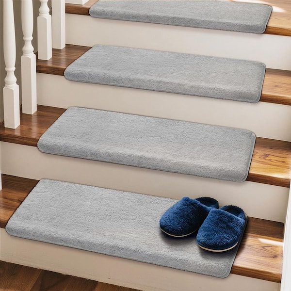 PURE ERA Light Gray 9.5 in. x 30 in. x 1.2 in. Bullnose Plush Carpet Stair Tread Cover Tape Free Non-slip Set of 7
