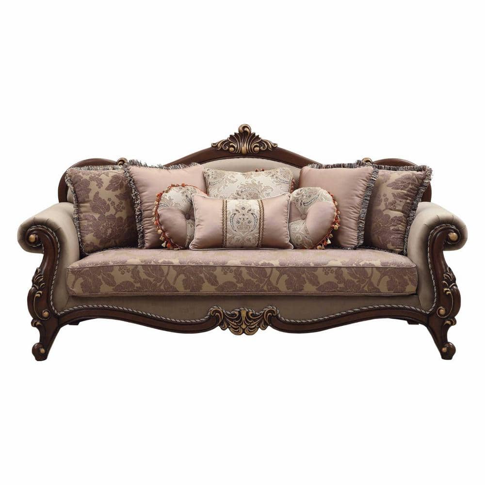 HomeRoots Amelia 38 in. W Rolled Arm Fabric Rectangle Sofa in Beige and Walnut -  2000348219