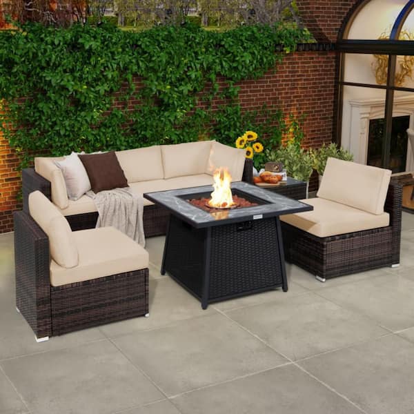 Kadehome 7-Piece Wicker Patio Conversation Set with 50000-BTU Propane Gas Fire Pit and Beige Cushions