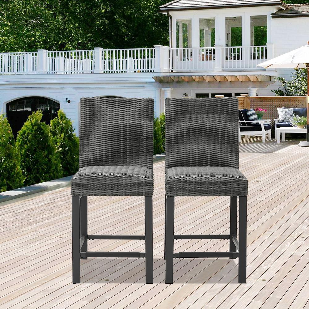 44.88 in. H Gray Woven Wicker Outdoor Bar Stool (2-Pack)
