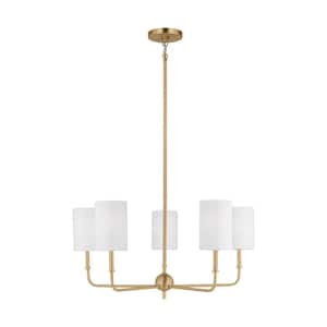 Foxdale 5-Light Satin Brass Chandelier with White Linen Fabric Shades
