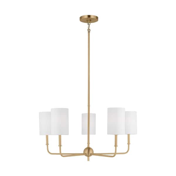 Generation Lighting Foxdale 5-Light Satin Brass Chandelier with White Linen Fabric Shades
