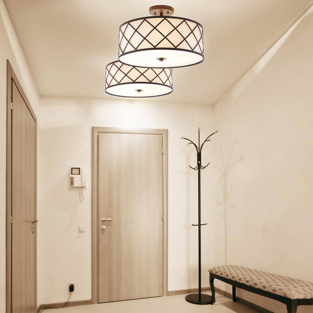 Transitional Elegance 16.75" Drum Flush Mount in Oil Rubbed Bronze with White Linen Shade