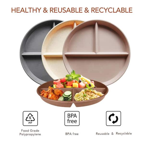 Numhew 4 PCS 9 in. Earth Tone Unbreakable Divided Plates for Kids