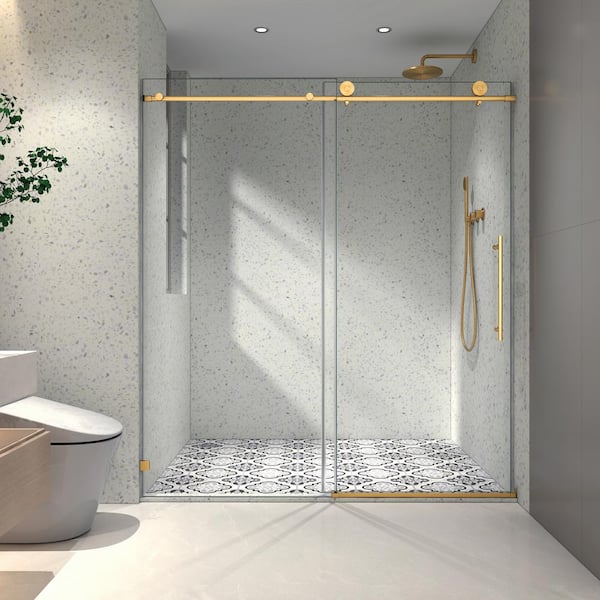 60 in. W x 63 in. H Sliding Frameless Shower Door in Brushed Gold with Handle