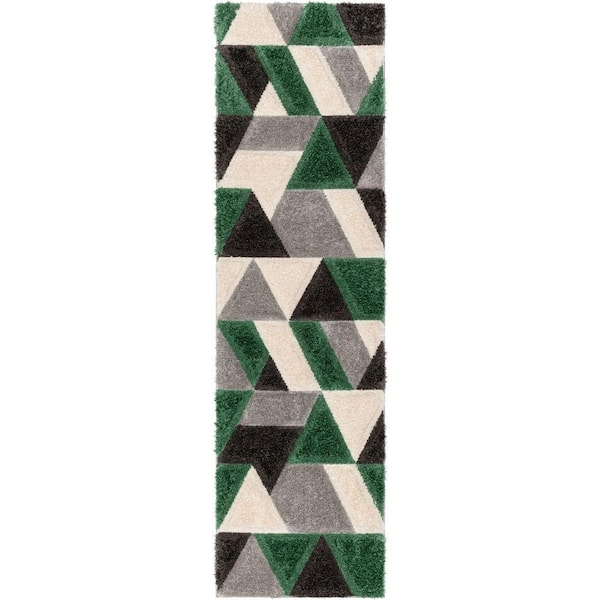 San Francisco Holland Modern Geometric Shag Hand-Carved, Green 2 ft. 7 in. x 9 ft. 10 in. Runner, Area Rug