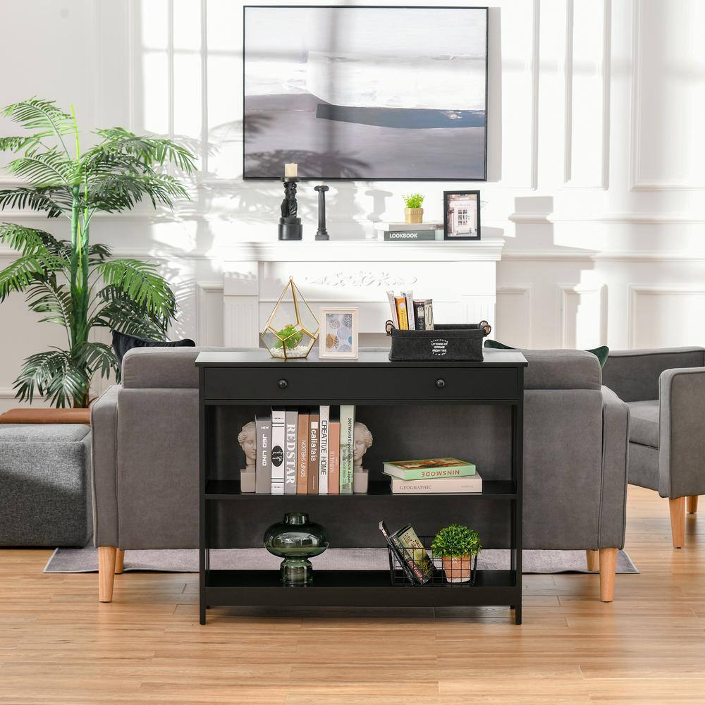 Black Wood Console Table with Drawer and Shelves