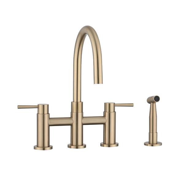 Double Handle Bridge Kitchen Faucet with 360° Spout Swivel in Brushed Gold