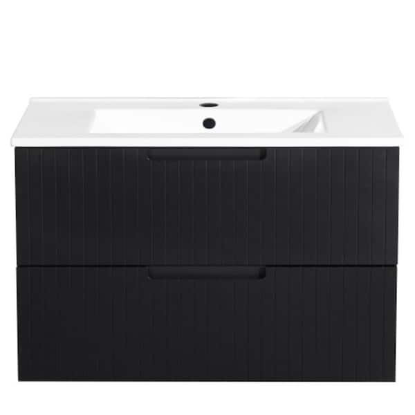 Aoibox 30 in. Floating Bath Vanity Cabinet in Black with White Ceramic Sink Top Combo Set and 2 Large Drawers