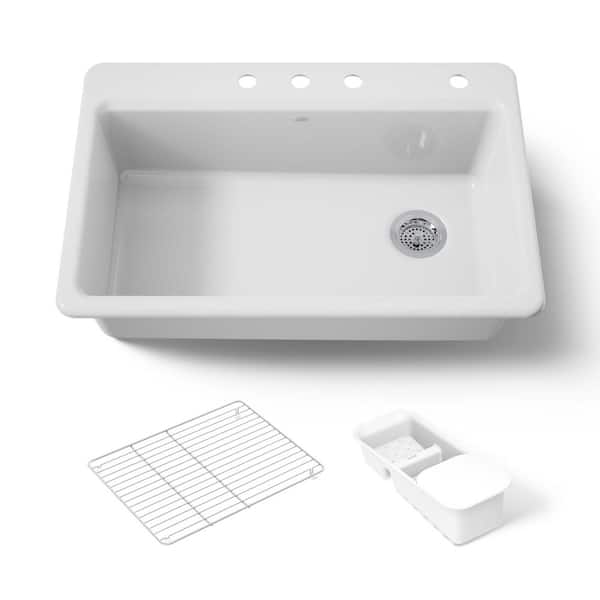 Riverby Workstation Drop-In Cast Iron 33 in. 4-Hole Single Bowl Kitchen Sink Kit with Included Accessories in White
