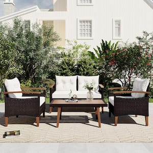 4-Piece Brown Wicker Outdoor Sectional Set with Wood Table and Legs Beige Cushions for Backyard Garden