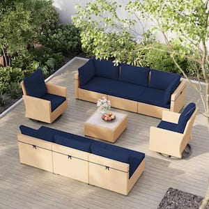 9-Piece Wicker Patio Conversation Set Sectional Seating Set with Swivels and Navy Blue Cushions