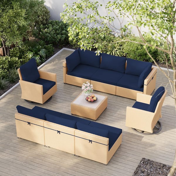 UPHA 9-Piece Wicker Patio Conversation Set Sectional Seating Set with Swivels and Navy Blue Cushions