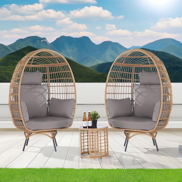 SANSTAR 3-Piece Patio Wicker Swivel Outdoor Bistro Set with Side Table, Oversized Egg Chair with Light Gray Cushions