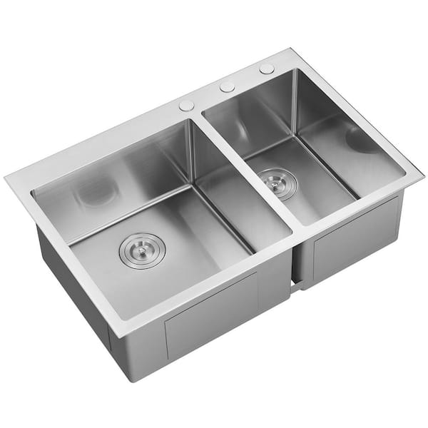 SERENE VALLEY Stainless Steel 33 in. 60/40 Double Bowl Drop-in or Undermount Kitchen Sink with Thick Deck and Grids