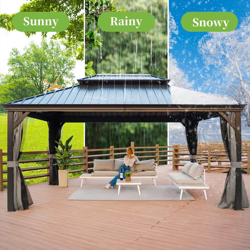 Gray Aluminum Hardtop Gazebo with Curtains and Netting, 12' x 16'