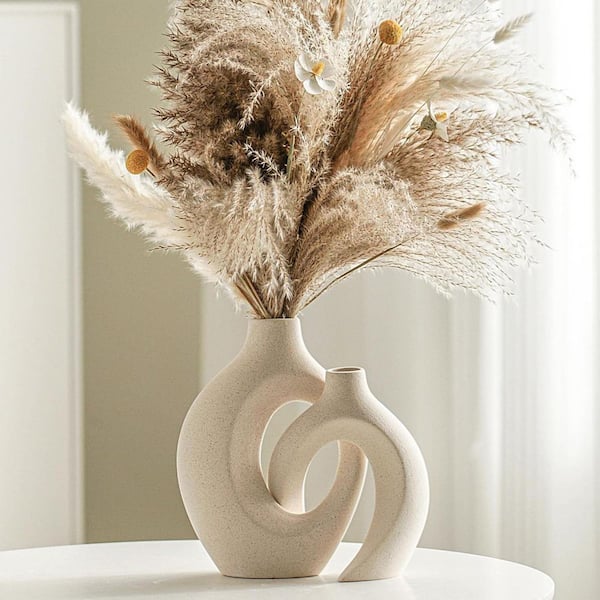 Cream White 6.3 in. x 8.4 in. Ceramic Modern Decorative Vase, (Set of 2)