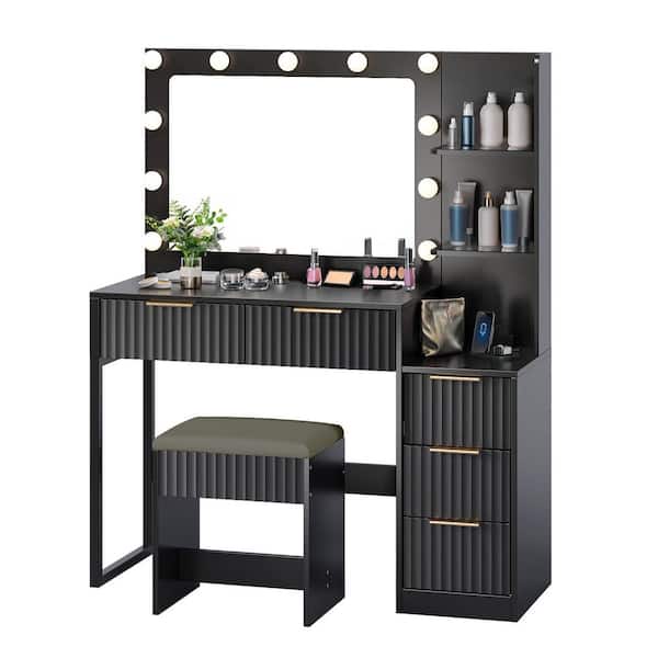 2-Piece Black Makeup Vanity Set with 11 Three-color Dimmable Bulbs, 5-Drawers and 2-tier Shelves