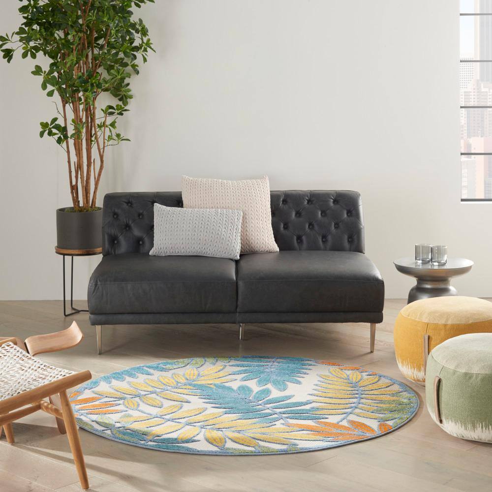 Ivory Multi Floral Round Synthetic Outdoor Rug