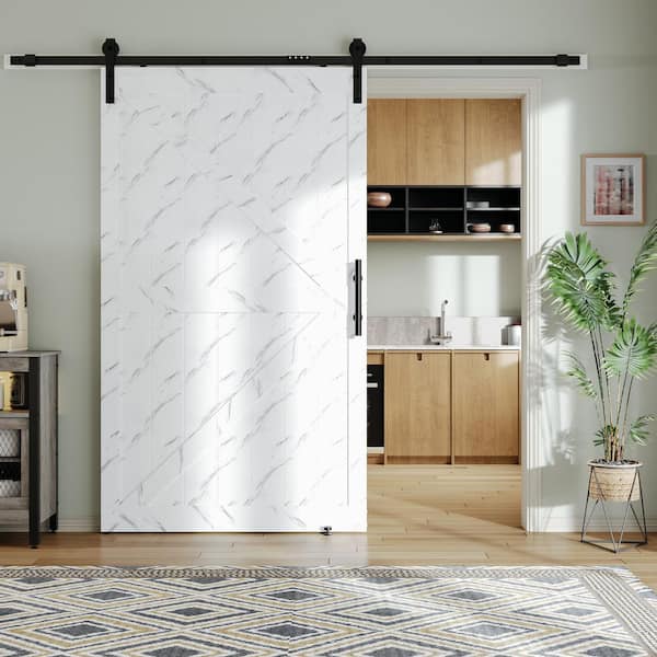 48 in. x 84 in. Paneled off White Marble Primed MDF K Shape Sliding Barn Door with Hardware Kit and Handle and Lock