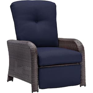 Strathmere All-Weather Wicker Reclining Patio Lounge Chair with Navy Blue Cushion