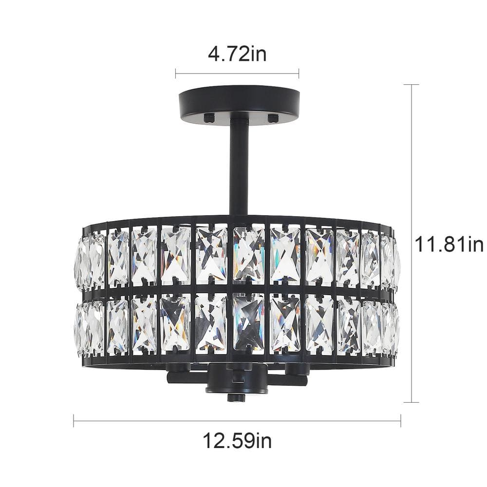 Black Metal and Crystal Drum Semi-Flush Mount Ceiling Light