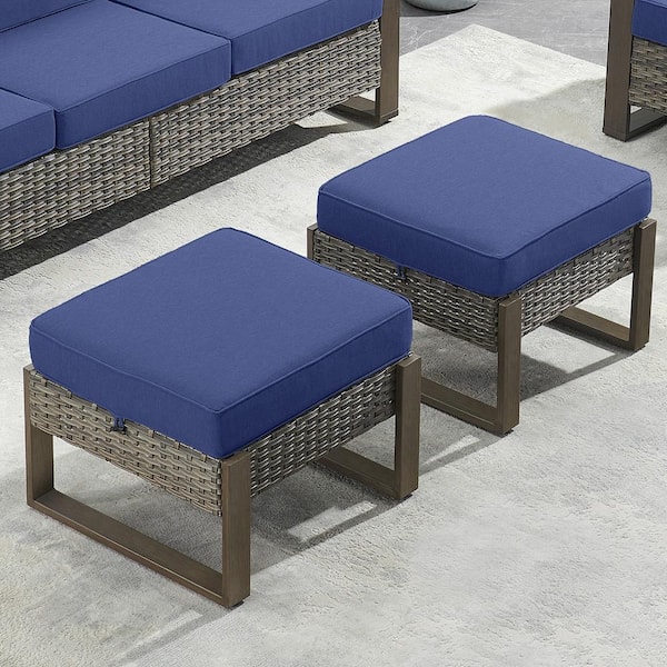 Gray Wicker Outdoor Ottoman with Wood-Looking Metal Legs with Navy Blue Cushions for Patio or Backyard Porch (2-Pack)