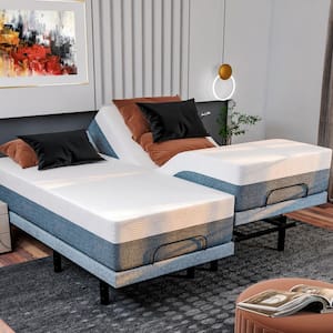 Adjustable Gray Split-King Bed Frame Platform Bed with 14 in. Mattress USB, Under Bed Light, Memory Foam, App Control