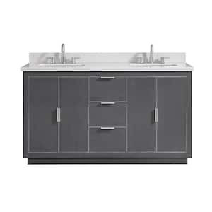 Austen 61 in. W x 22 in. D Bath Vanity in Gray with Silver Trim with Quartz Vanity Top in White with Basins